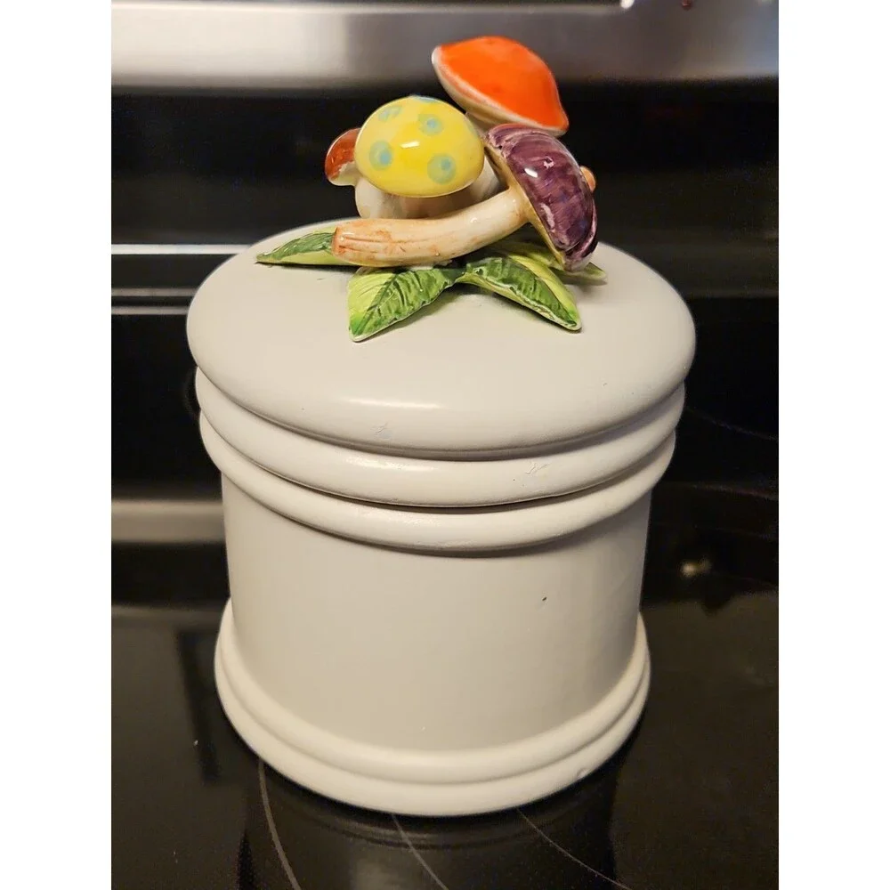 Vintage Arnart Ceramic Canister With Mushrooms Lid Medium Jar 5.5